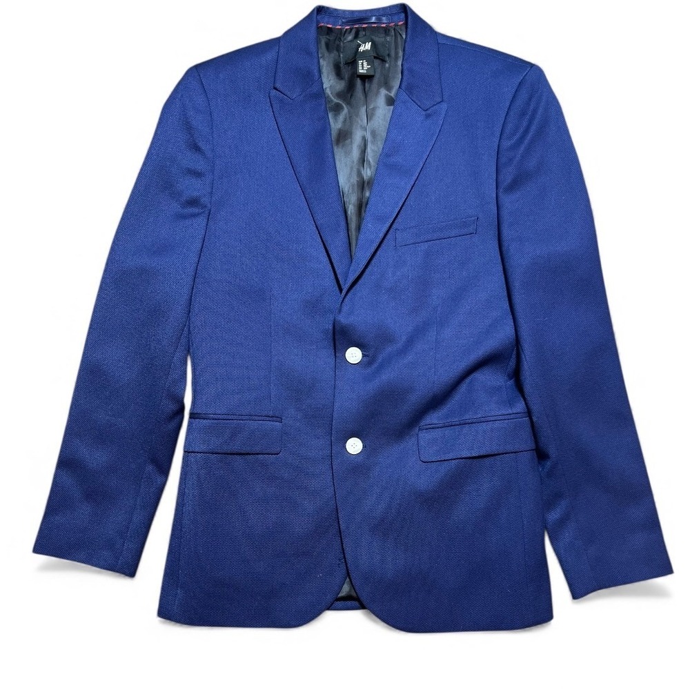 H&M Mens Blue Textured Slim Fit Blazer Suit Jacket Size 38R Preppy 2 Button Work